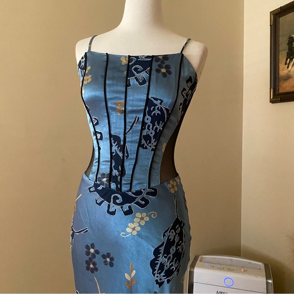 Vintage Georgette Floral Corset Formal Dress Blue - Picture 7 of 8